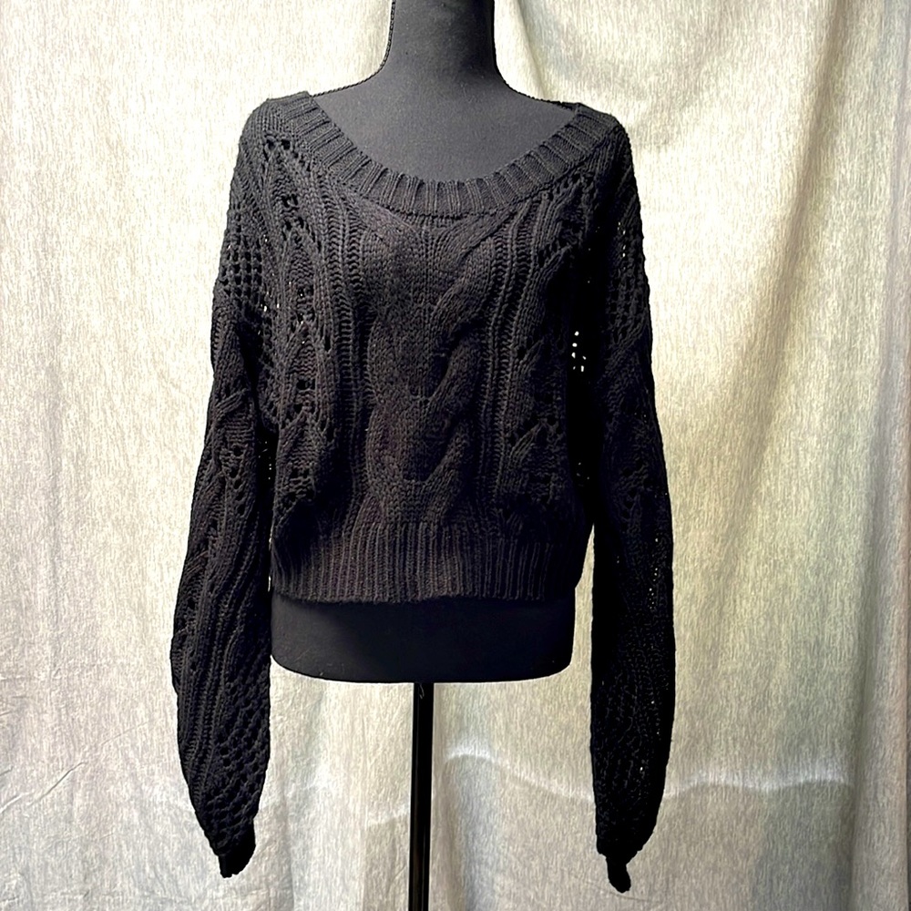 Love Tree Cable Knit Crop Sweater Extra Long Slouch Sleeves